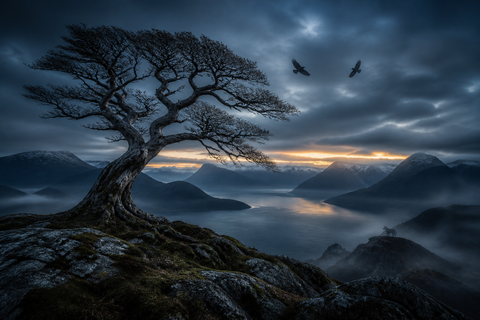 Nordische Landschaft mit Weltenbaum, Raben und Wolf im Morgengrauen
