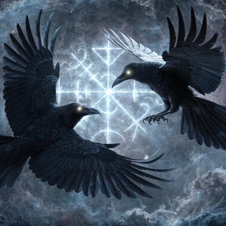 Odins Raben Huginn und Muninn mit Vegvísir-Symbol