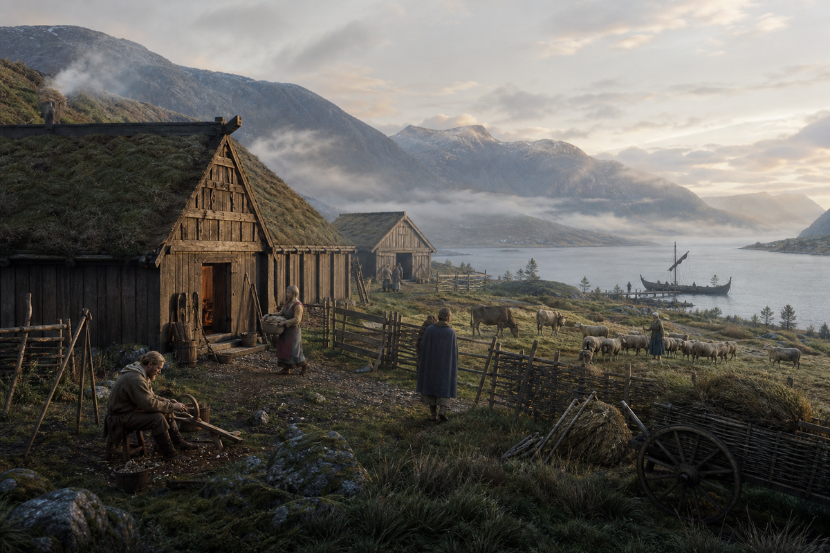 Norwegischer Wikingerhof am Fjord mit Langhaus, Vieh, Handwerk und Handelsschiff