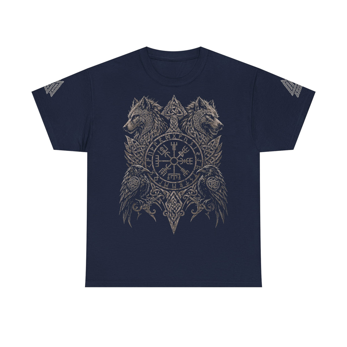 Geri und Freki Norse Mythology T-Shirt – Wolf, Raben, Vegvisir und Valknut