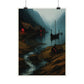 Nordische Wikingersiedlung am Fjord bei Dämmerung Poster Printify