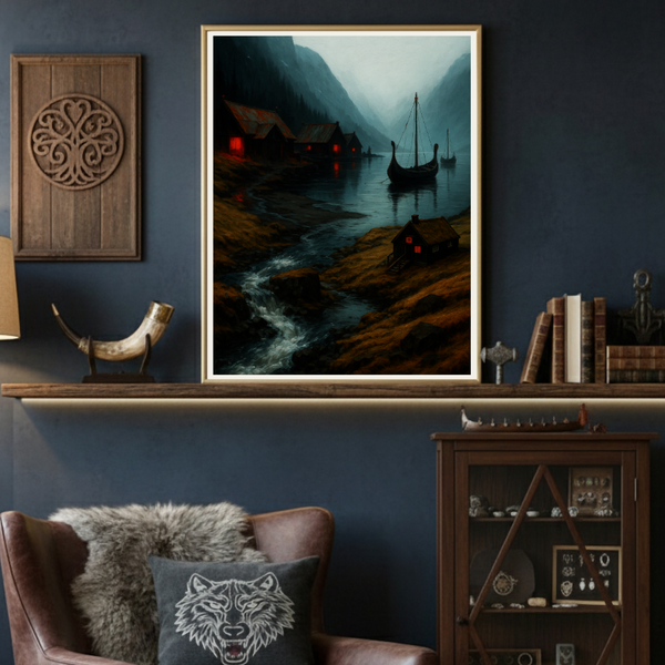 Nordische Wikingersiedlung am Fjord bei Dämmerung Poster Printify