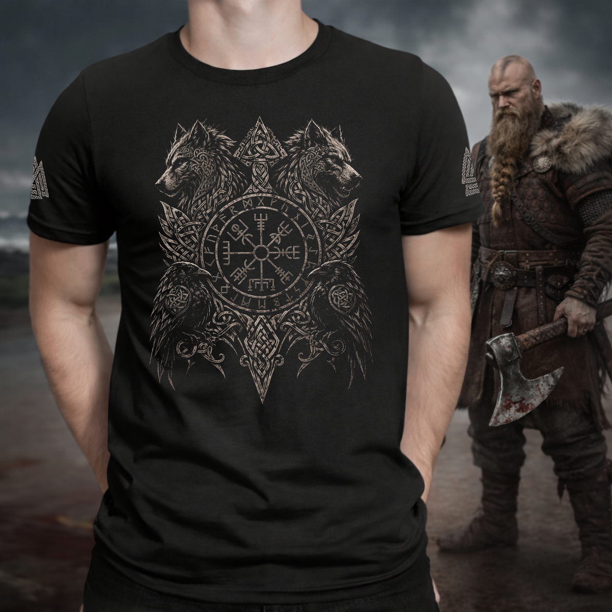 Geri und Freki Wikinger T-Shirt – Odins Wölfe und Raben im nordischen Design