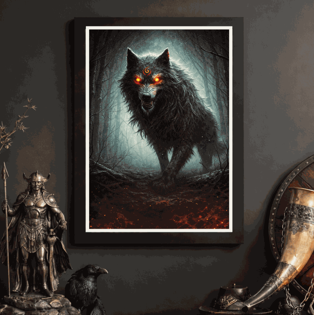 Fenriswolf Odins Wikinger Poster mit düsterer nordischer Mythologie und intensiven Farben