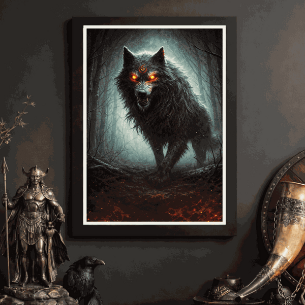 Fenriswolf Odins Wikinger Poster mit düsterer nordischer Mythologie und intensiven Farben