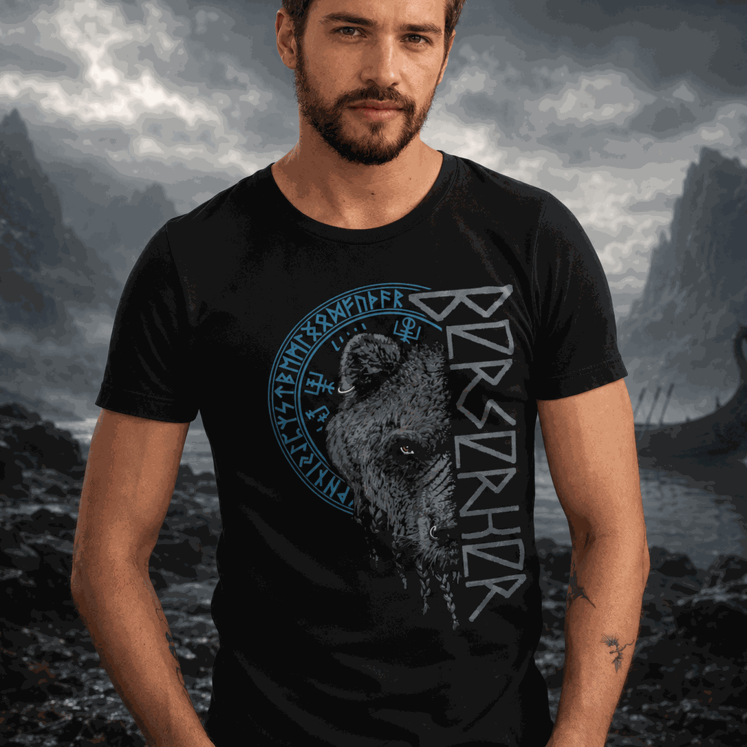 Berserker Bär Krieger T-Shirt mit nordischem Runenkompass und Odin Symbolik