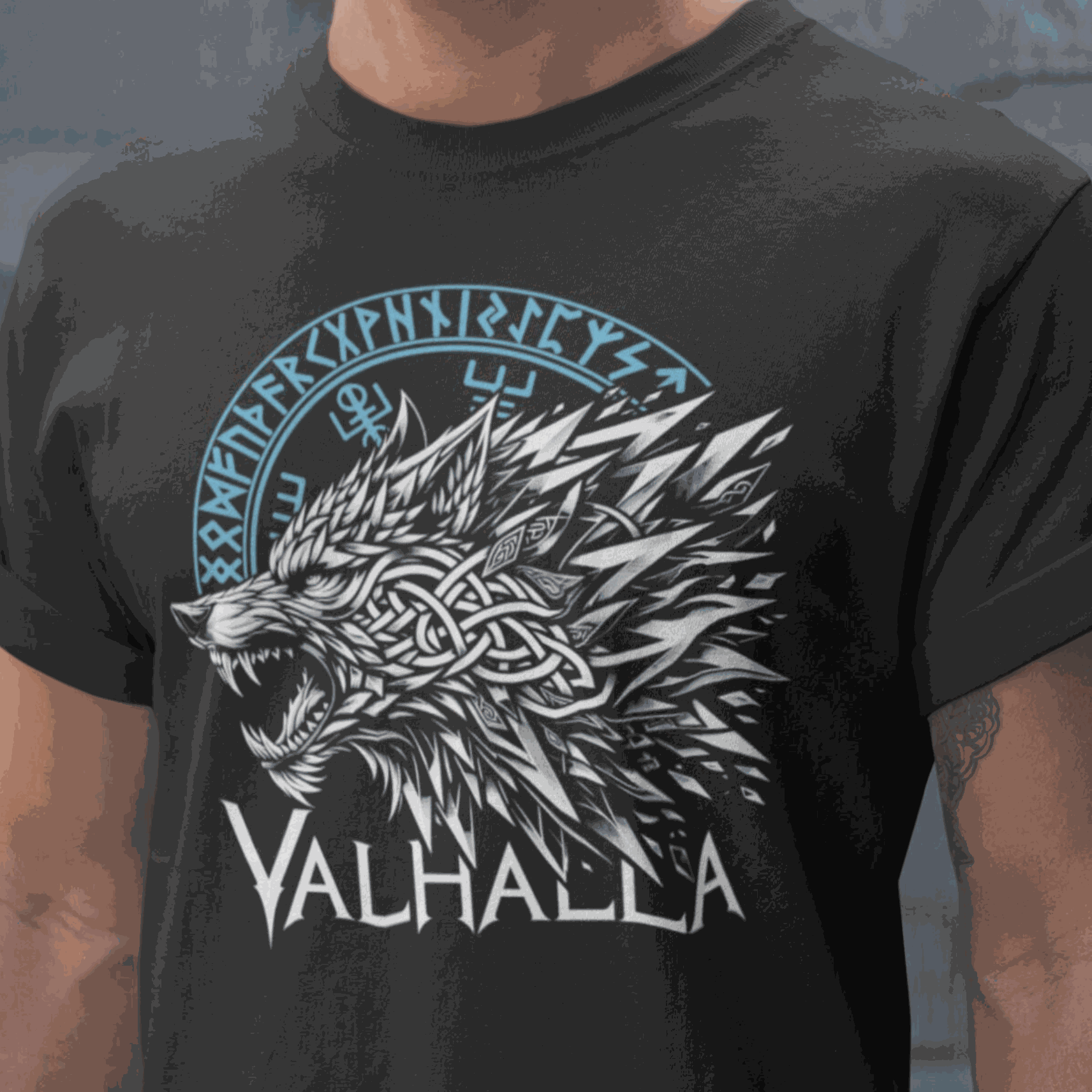 Walhalla Wolf Odins T-Shirt mit Wikingerwolf, Runenkreis und Vegvisir-Kompass für Schutz und Stärke