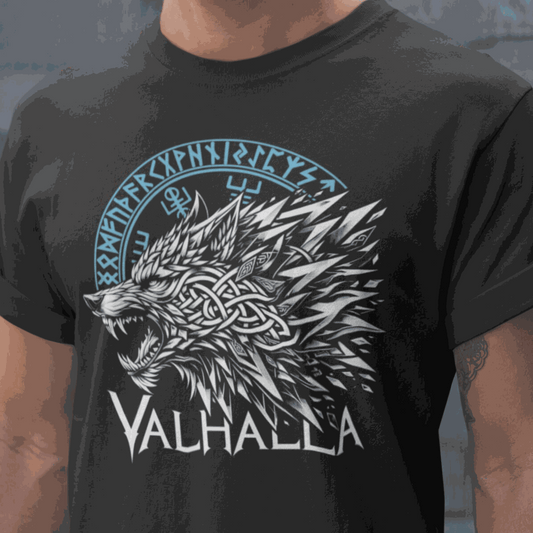 Walhalla Wolf Odins T-Shirt mit Wikingerwolf, Runenkreis und Vegvisir-Kompass für Schutz und Stärke