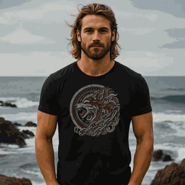 Wikinger T-Shirt mit Fenrir Wolf und Runenkreis Norse Mythology Design