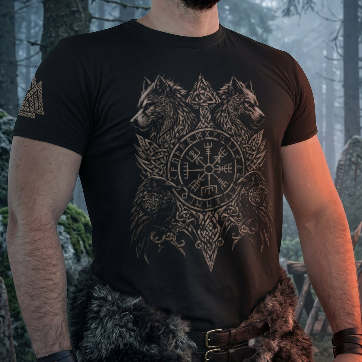 Geri und Freki mit Hugin und Munin – Wikinger T-Shirt von GRIMNORD