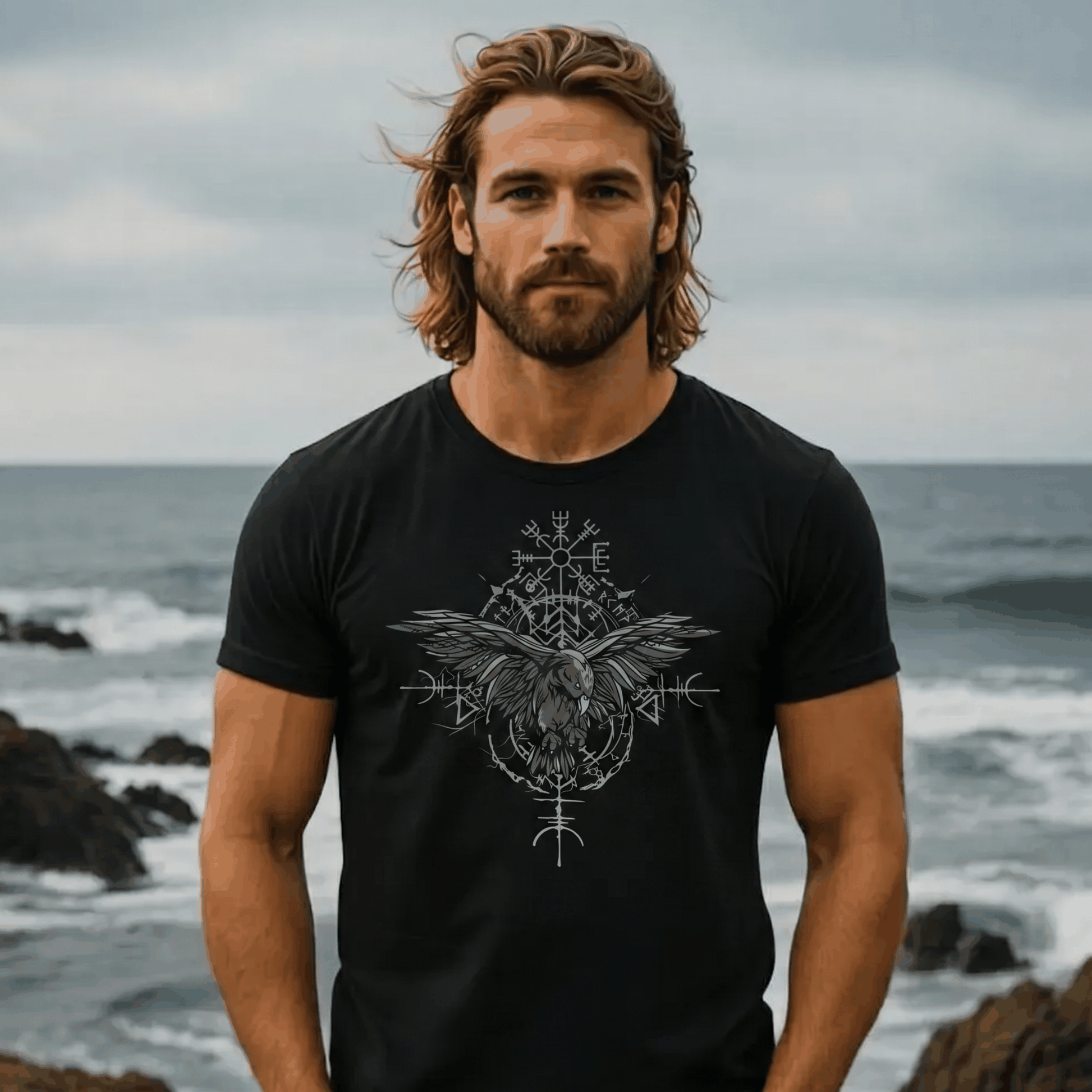 Rabe Odins T-Shirt mit ausgebreiteten Raben, Runenkreis und Vegvisir für Wikinger-Fans