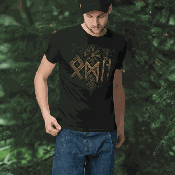 Walhalla Odin Schriftzug T-Shirt mit Vegvisir und Runen in nordischem Design
