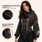 Valkyrie Wikinger-Kapuzenbody am Model mit Detailansichten des asymmetrischen Ausschnitts und Runendrucks