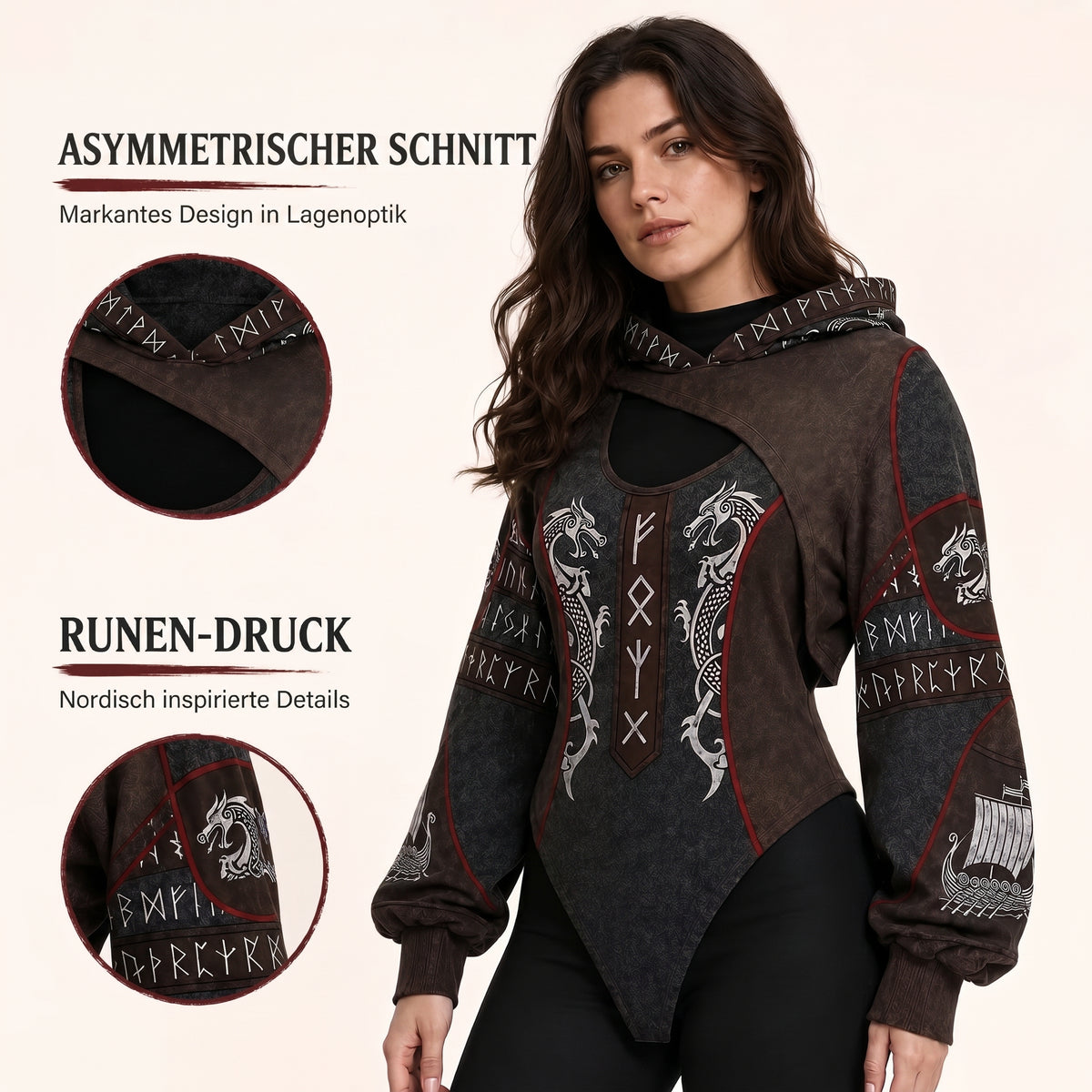 Valkyrie Wikinger-Kapuzenbody am Model mit Detailansichten des asymmetrischen Ausschnitts und Runendrucks