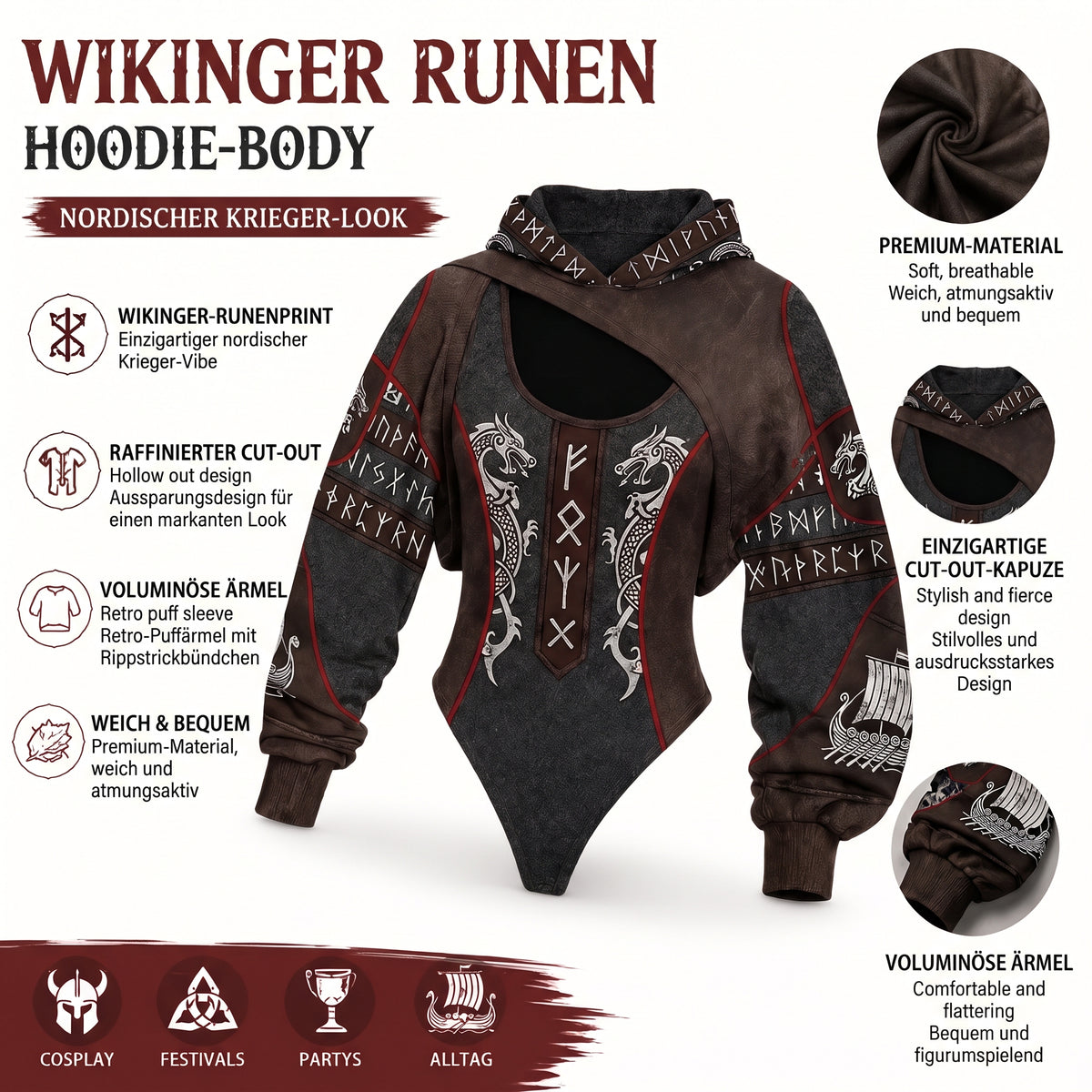 Valkyrie Wikinger Runen Hoodie-Body mit Drachen- und Langschiffmotiven, Kapuze und weiten Ärmeln