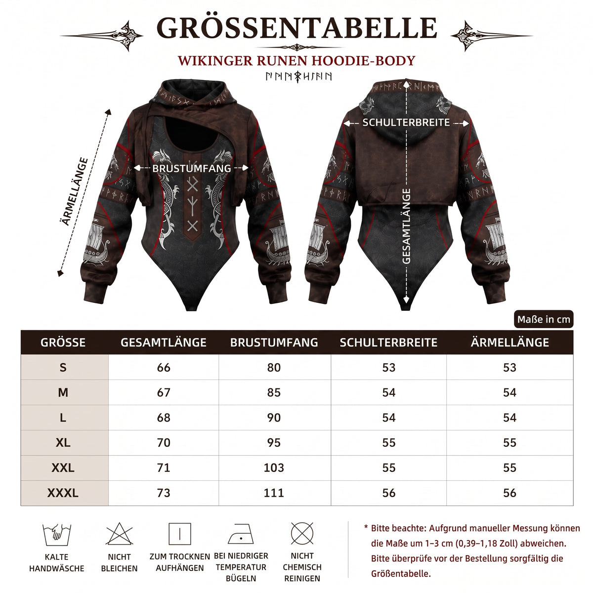 Deutsche Größentabelle S bis XXXL für den Valkyrie Hoodie-Body mit Gesamt-, Brust-, Schulter- und Ärmelmaßen in cm