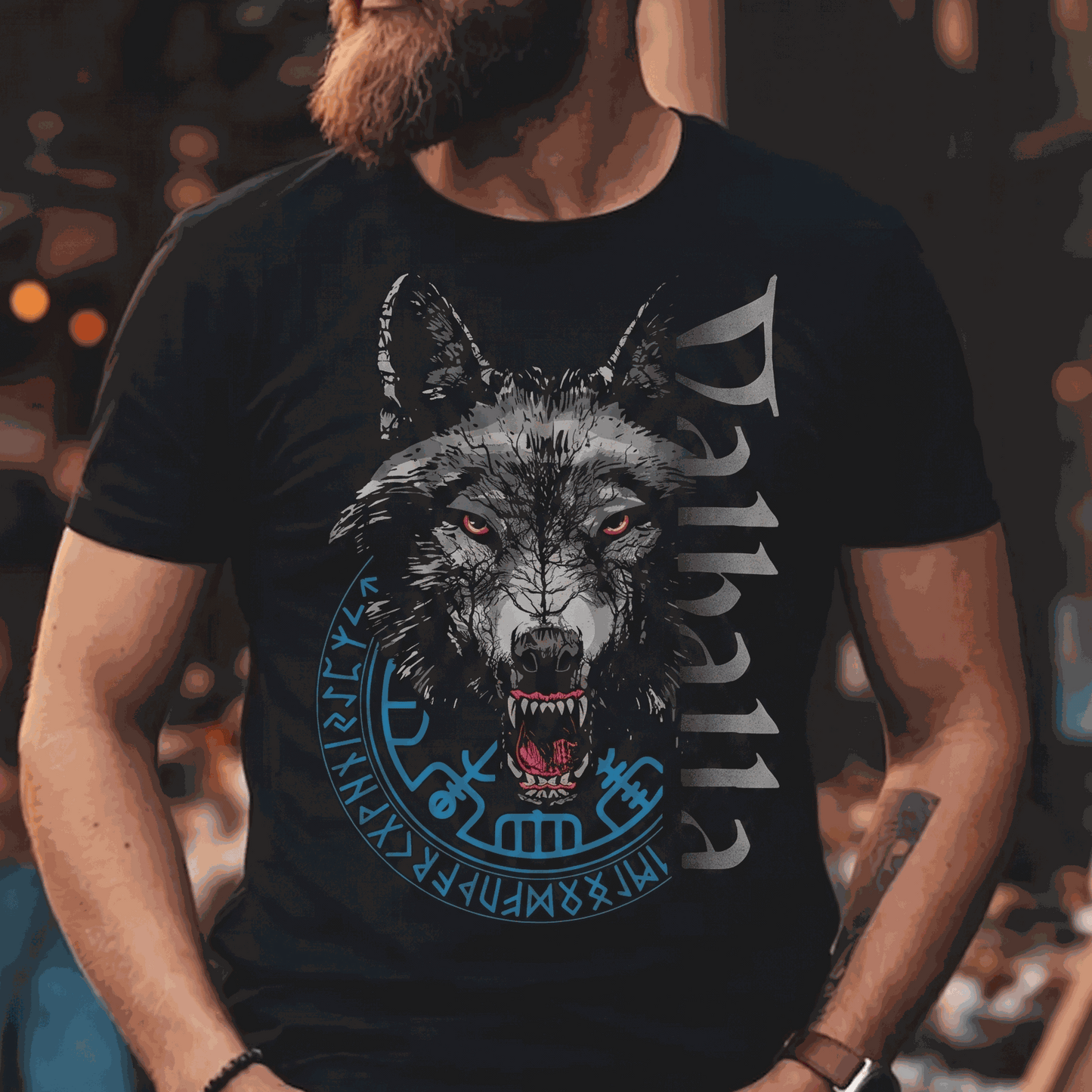Wikinger T-Shirt mit Walhalla Wolf, Vegvisir und nordischen Runen