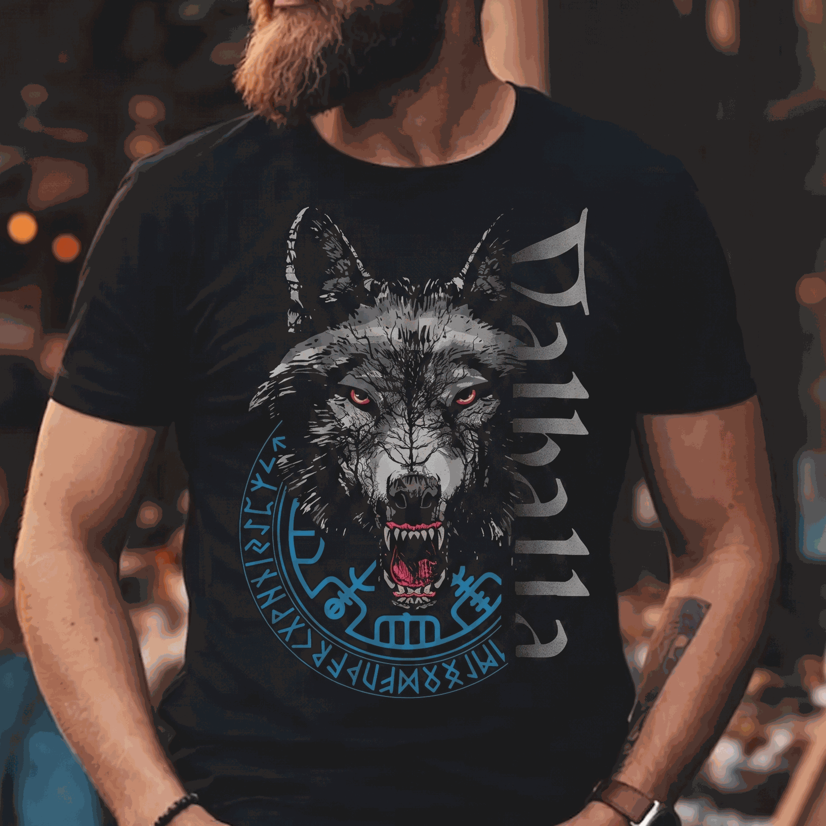 Wikinger T-Shirt mit Walhalla Wolf, Vegvisir und nordischen Runen