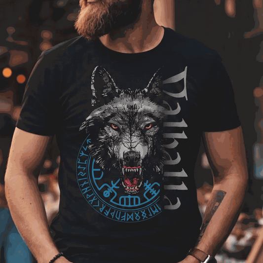 Wikinger T-Shirt mit Walhalla Wolf, Vegvisir und nordischen Runen