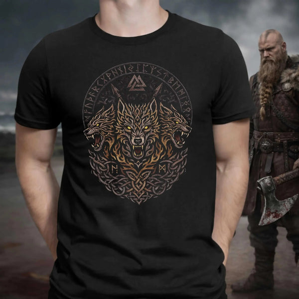 Walhalla Wölfe Odins T-shirt with Viking wolves Geri, Freki, and Fenrir in Norse mythology design featuring runes and Valknut
